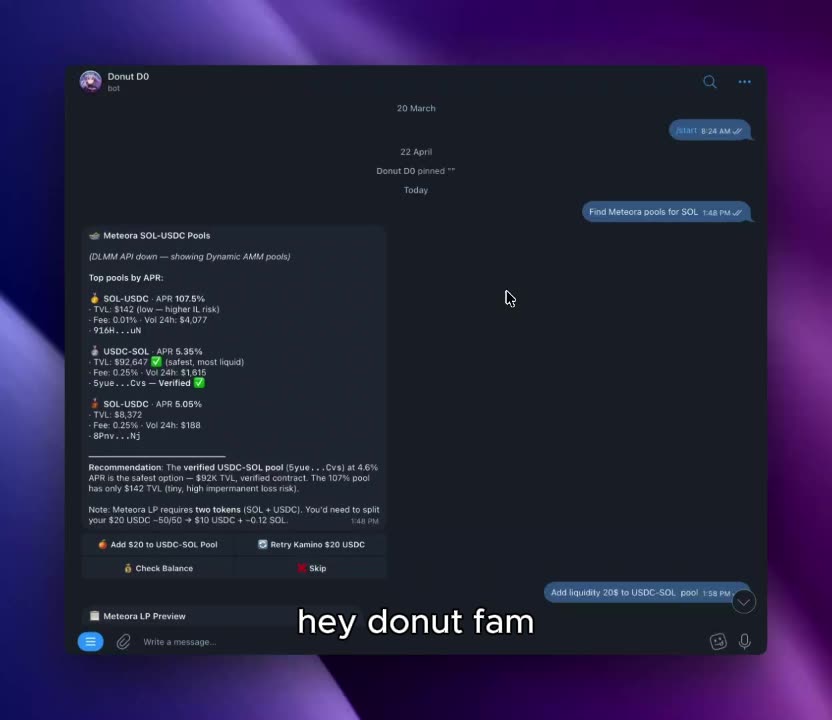 Kamino, Meteora, Sanctum, Pendle — all reachable from one chat.