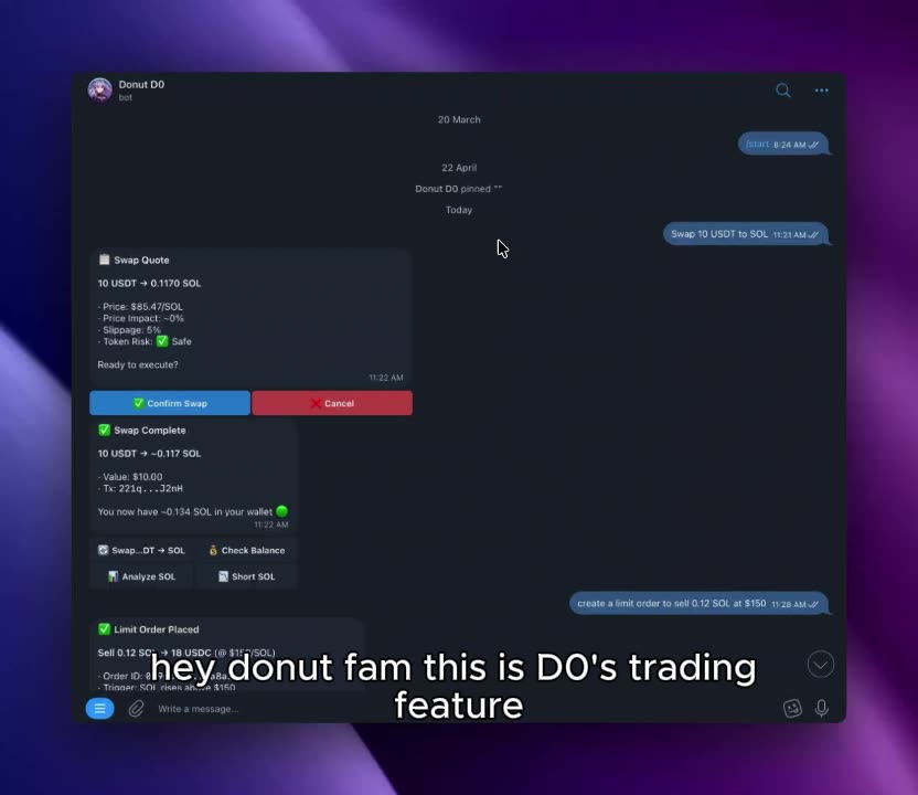 Swap, limit orders, and transfers — all from chat.